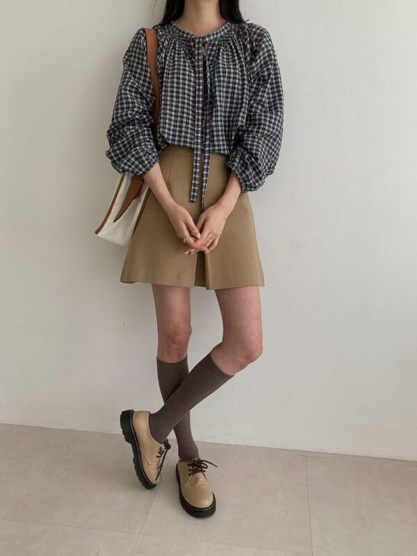 100% Cotton Check Tie-Neck Blouse