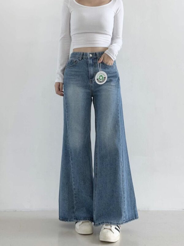 /Premium/ Elastic Waist Side Slit Wide Denim Jeans